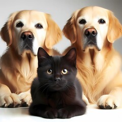 group of 2 dogs golden retriever with black cat, generative ai