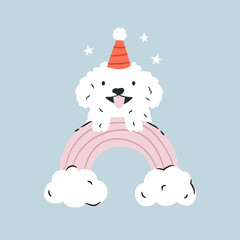 A dog in a holiday hat sitting at the rainbow, creating a joyful and celebratory atmosphere. Vector illustration, greeting card for birthday