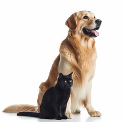 dog golden retriever sitting with black cat, generative ai