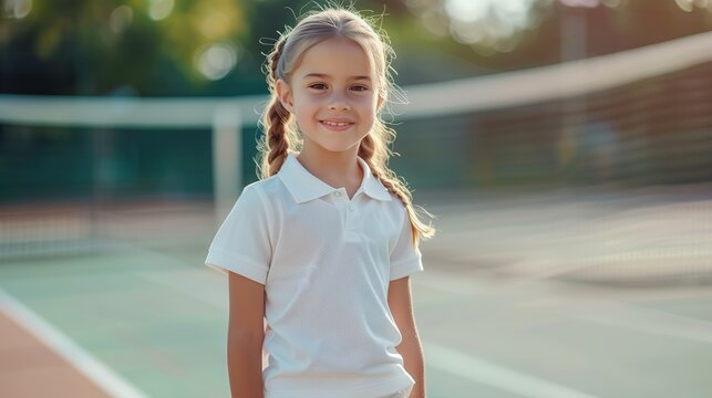 Happy sporty little girl smiling and posing on tennis cort wearing white outfit
