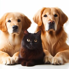 group of 2 dogs golden retriever and black cat, generative ai