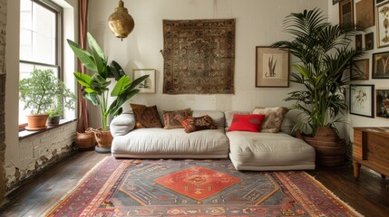 bohemian home decor, a vintage persian rug adds a pop of color and pattern to the minimalist boho style room, grounding the decor with its unique look