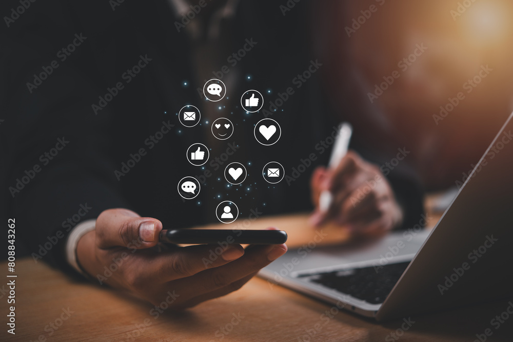 Poster digital online social media network online concept. businessmen using smartphone technology communic