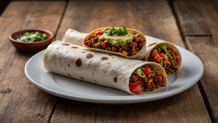 Image of a plate of burritos placed on a white plate on a wooden table 69