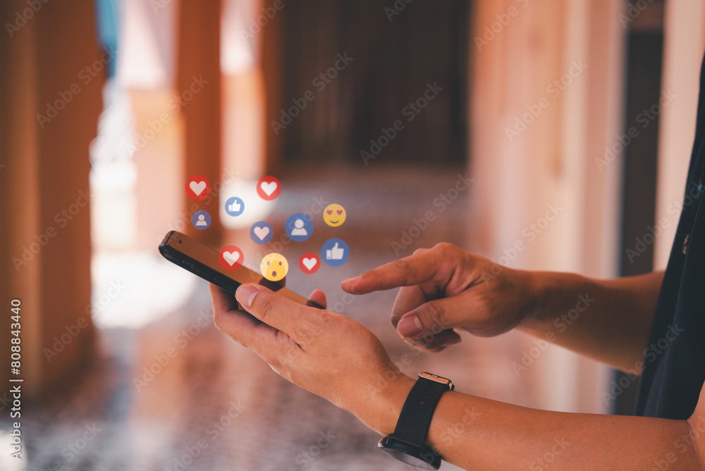 Poster man with smartphone showing social media likes, concept of online network connection digital technol