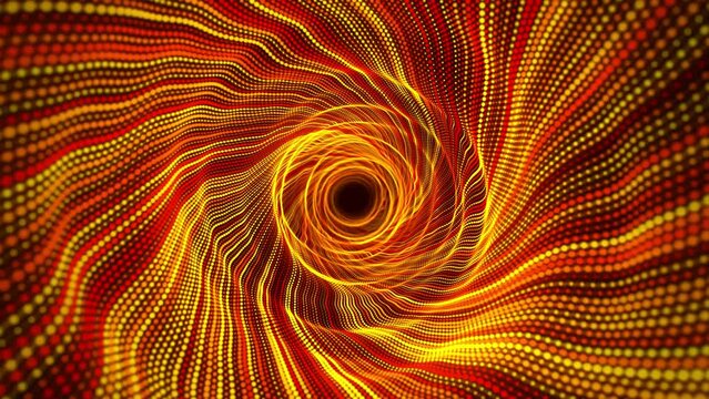 Hypnotizing abstract tunnel with colourful swirl pattern and yellow glow effect. Psychedelic wormhole made of hot glowing waves and round particles. Bright background for art performance. 4K , 60 fps