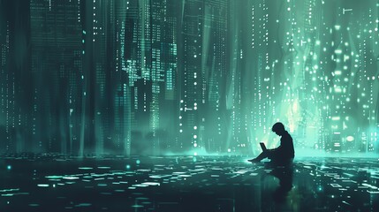 An eerie, isolated scene of a lone figure browsing the internet in a dark room, surrounded by visible data streams that represent their digital footprint