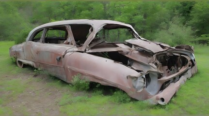 carcass of crashed car, Car insurance concept. generative.ai
