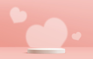 White podium with heart background 3D illustration empty display scene presentation for product placement