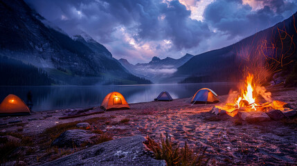 Camping tents by a lake with a bonfire at dusk
