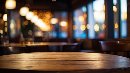 Wooden table background of blurred restaurant lights, establishment, template, copy space.