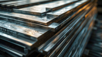 Stack of shiny metal steel sheets in factory