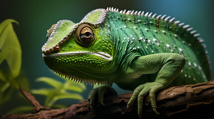 green iguana on a branch, Green Colored Chameleon Vibrant Reptile and Nature's Camouflage 