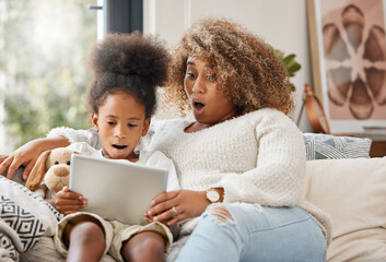 Black family, wow and tablet for education, gaming or streaming on sofa of living room in home...