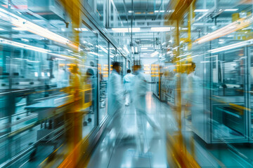 Blurred motion of scientists in a high-tech lab