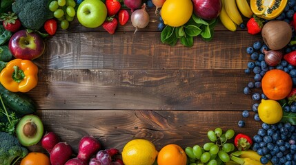 neatly arranged fresh produce on wooden table promotes healthy living with space for text, embodying a wellness concept