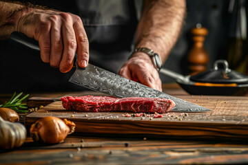 Chef slicing meat on wooden board with precision
