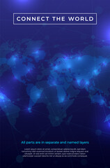 Global communication and abstract technology background with world map on blue background