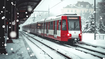 Naklejka premium Red train travels in a valley covered by heavy snow in background on a sunny winter day