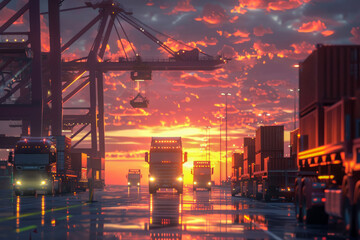 Truck driving in a container terminal at dusk