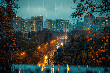 Rainy night cityscape with glowing lights
