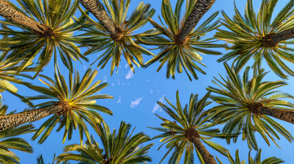 Upward view of palm tree canopy against sky
