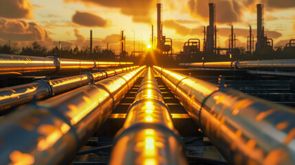 Glowing pipelines at a refinery with sunset