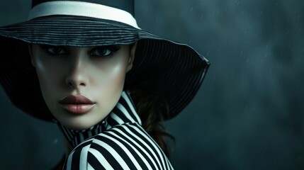 Portrait of beautiful model in striped hat on a stripe background