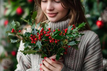 Young Caucasian Woman Holding Vibrant European Holly Sprig for Festive Decor