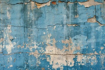 Weathered texture of a cracked and peeling blue paint on an old wall surface