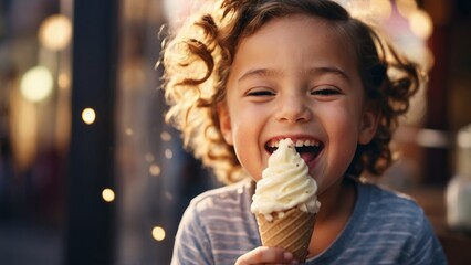 Portrait of happy child eating ice cream, summer time, copy space.