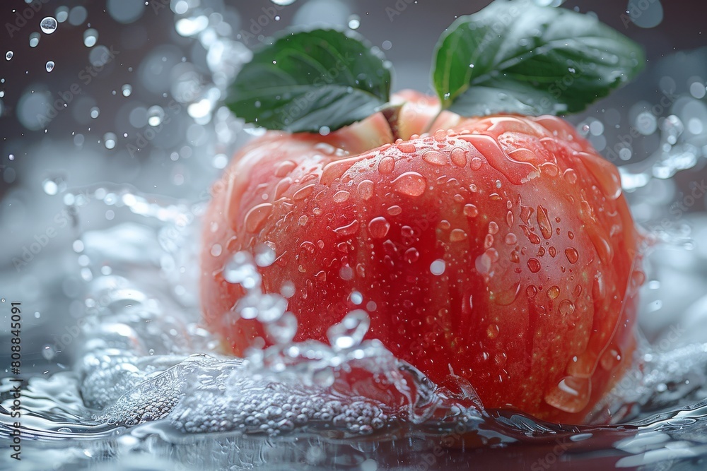 Poster close-up of a bright red apple getting splashed with water, highlighting the texture and freshness a