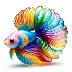 A stunning blown glass sculpture of a playful, cute Betta fish  with seamlessly blended rainbow colors, white background