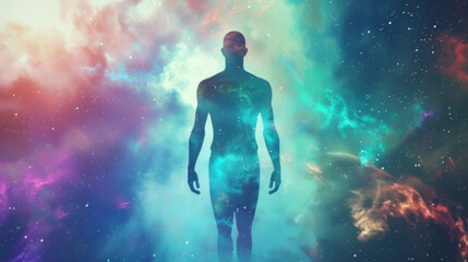 Cosmic Man Silhouette Against Colorful Nebula Background