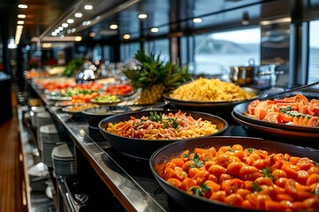 A diverse and colorful buffet arrangement on a ship, offering a wide variety of international...