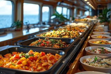 A variety of dishes served in a cruise ship buffet featuring international cuisine ready for passengers