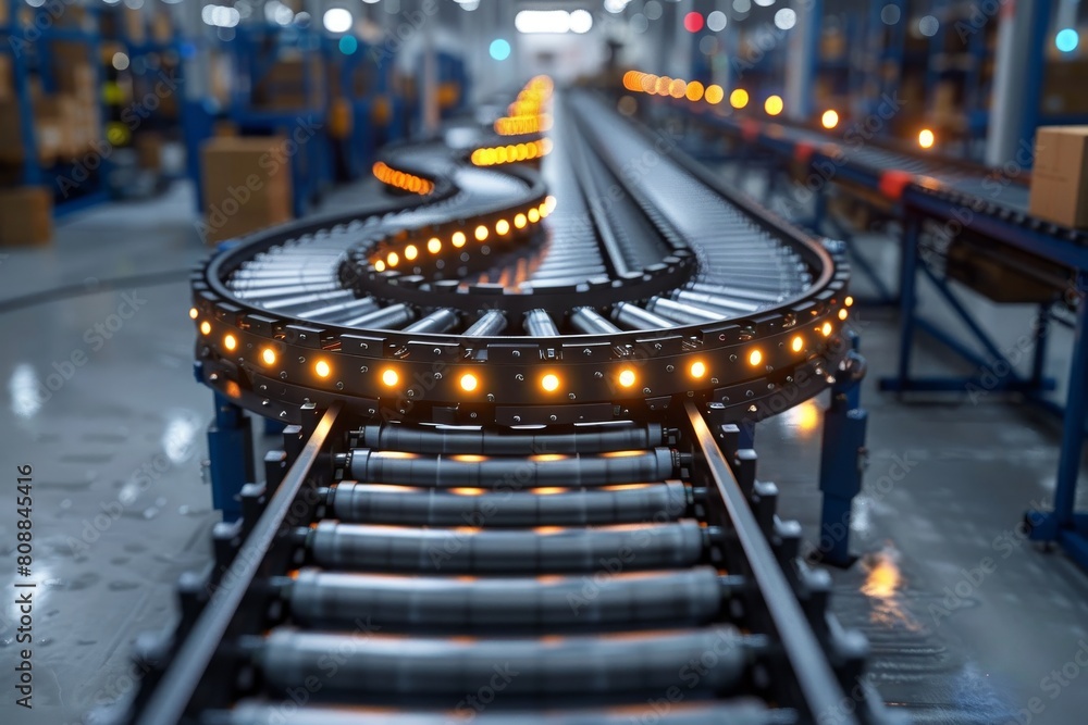 Poster curve in a modern automated conveyor belt system at a manufacturing plant, emphasizing technology an