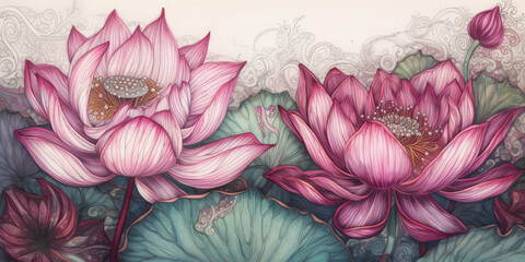 Pink lotuses, watercolor. Lotus flowers background. Water lily art. Lotus flower wallpaper