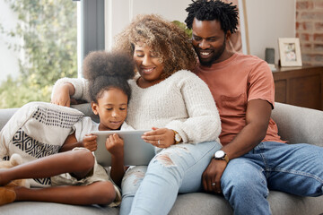 Mom, dad and daughter with tablet for education, gaming or streaming on sofa of living room in home. Smile, technology and black family with girl kid in apartment for homework or online research