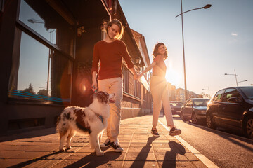 Young Caucasian couple play with purebred dog Aussie. Pet training and city walking. Friendship...