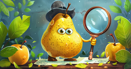 fruit detective, humorous pear cartoon with detective accessories, solving a mystery in an illustration - obrazy, fototapety, plakaty
