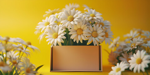 Daisies in a Yellow Box floral display on yellow backdrop