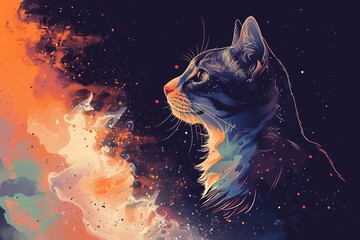 Space, cat flat design side view cosmic garden theme water color Splitcomplementary color scheme