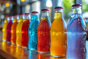 An array of colorful soda bottles lined up on a bar with a bokeh background highlighting their vibrant colors