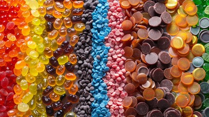 fantastical food display, a surreal food masterpiece, a table adorned with a colorful array of jellybeans and chocolate coins, stirs the wildest imaginations - obrazy, fototapety, plakaty