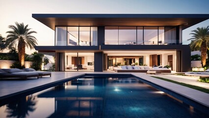 Modern stylish villa with a swimming pool in the courtyard.