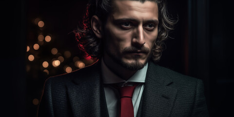 Fototapeta premium Handsome Man in Classic Italian Suit, white shirt and necktie at party. Portrait of a Businessman on a Black Background