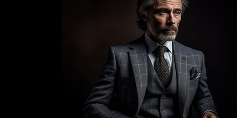 Obraz premium Elegant Man in Classic Italian Suit. Portrait of a Businessman on a Black Background, copy space