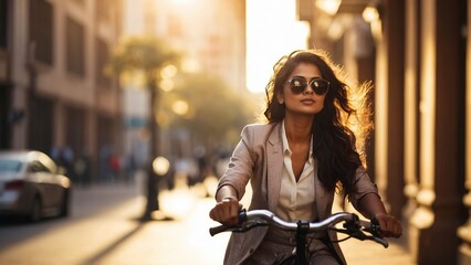 Beautiful business woman riding around the city on a bicycle.