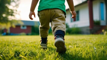 Children's feet close up, child running on green grass.